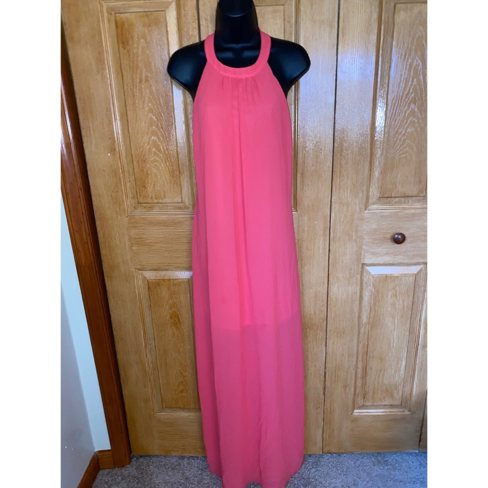 Pink floor length semi formal dress.